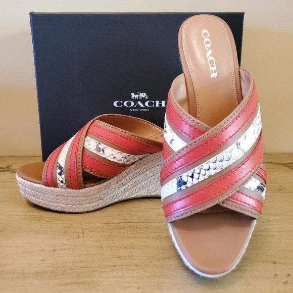 Coach Shoes - NEW Coach Florentine Wedge Leather Sandals 8.5 open-toe  Heel Snake Print Slide